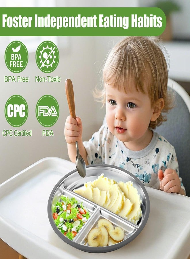 بوسوها مجموعة أطباق أطفال من الفولاذ المقاوم للصدأ من بوسوها، 3 قطع - أطباق مقسمة للأطفال الصغار مقاس 9 بوصات مع أغطية سيليكون لاصقة، أطباق معدنية مضادة للكسر للأطفال الصغار، آمنة للاستخدام في الميكروويف وغسالة الصحون - Image 5